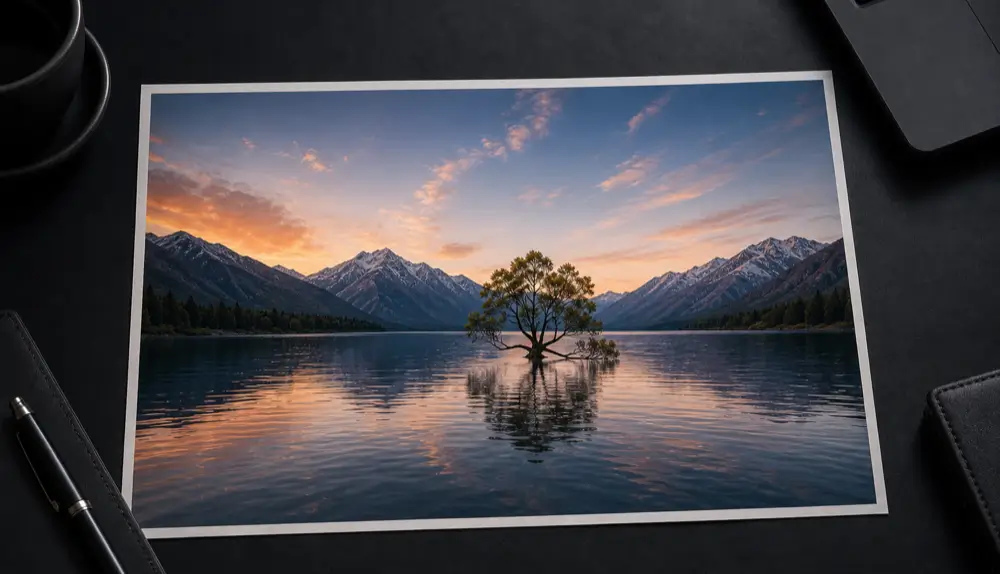 After: A landscape photo extended outward, with the AI filling in matching water, sky and mountains.
