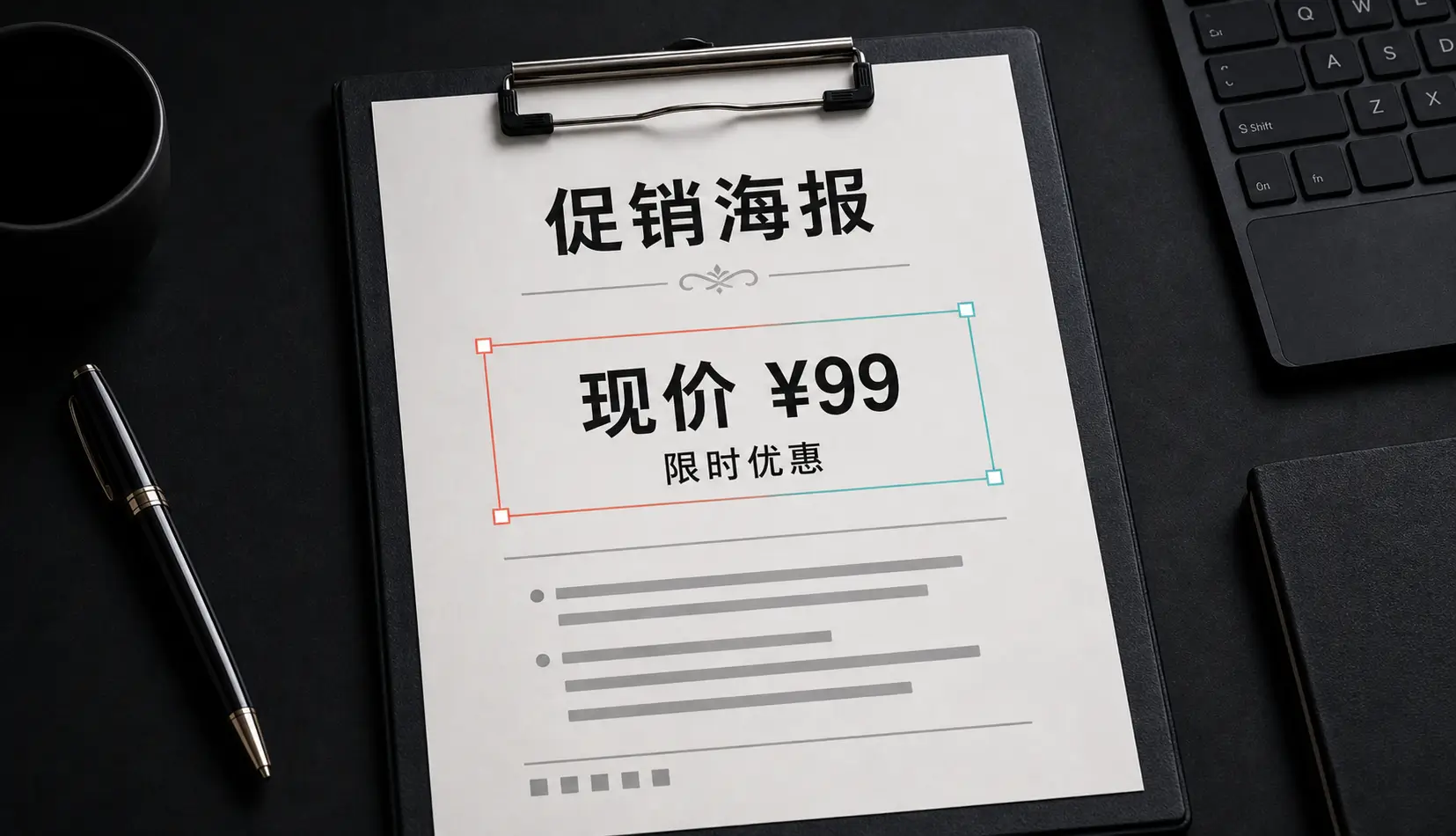 After: The price block on this poster was cleared and rewritten in place — the same AI can also leave the area blank.