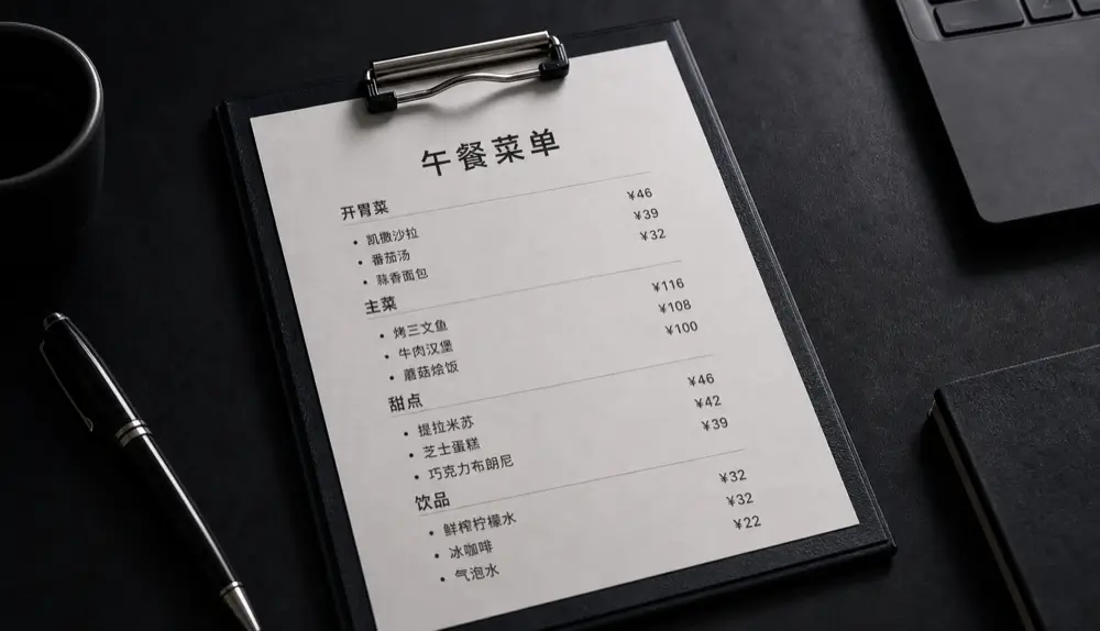 After: A menu translated into another language with sections, dishes and prices kept in place.