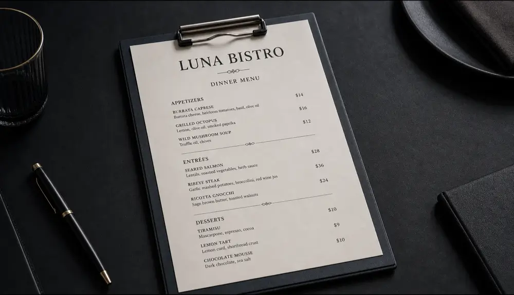 Before: A menu translated into another language with sections, dishes and prices kept in place.