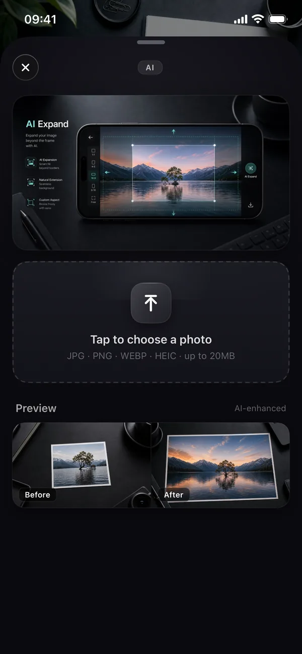 Qutu's AI Expand screen on iPhone with a before-and-after preview