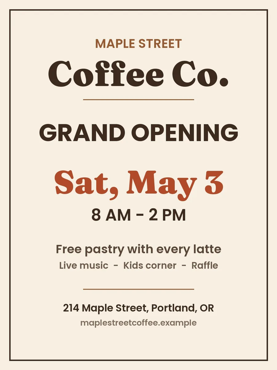 Before: flyer line "Sat, May 3" set in a bold rust-colored serif