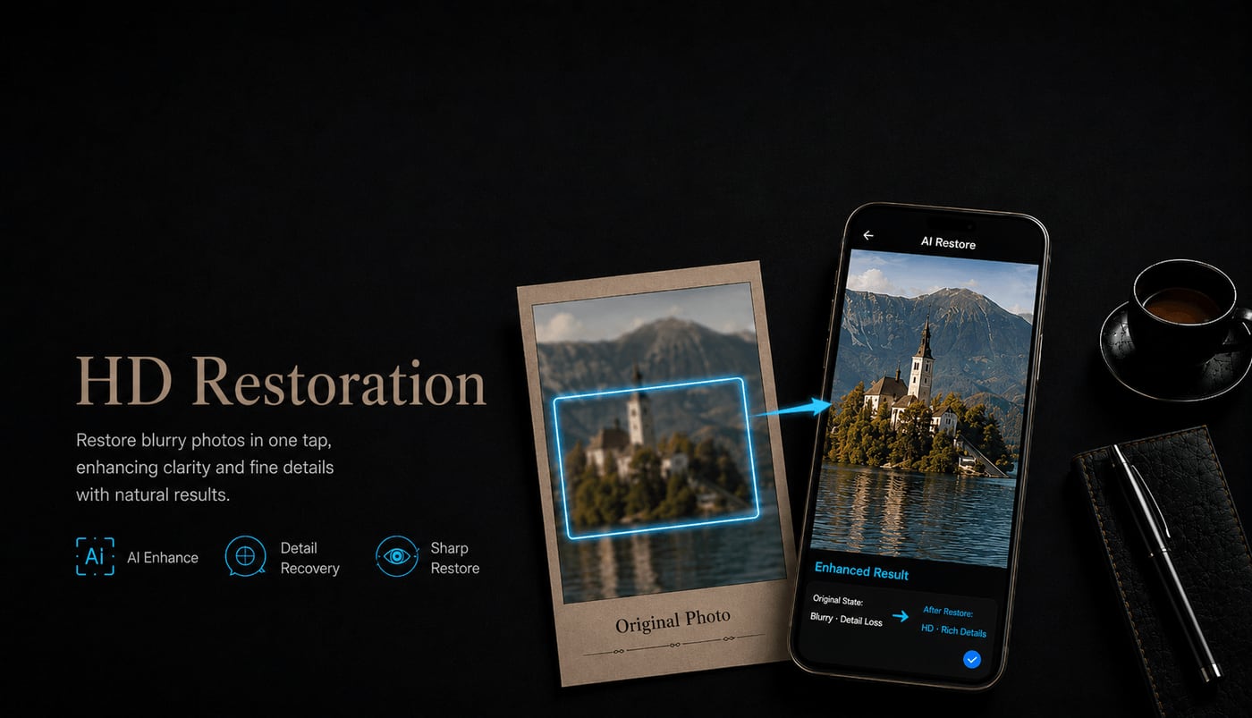 Qutu HD Restore sharpening a blurry photo — faces, text and detail enhanced