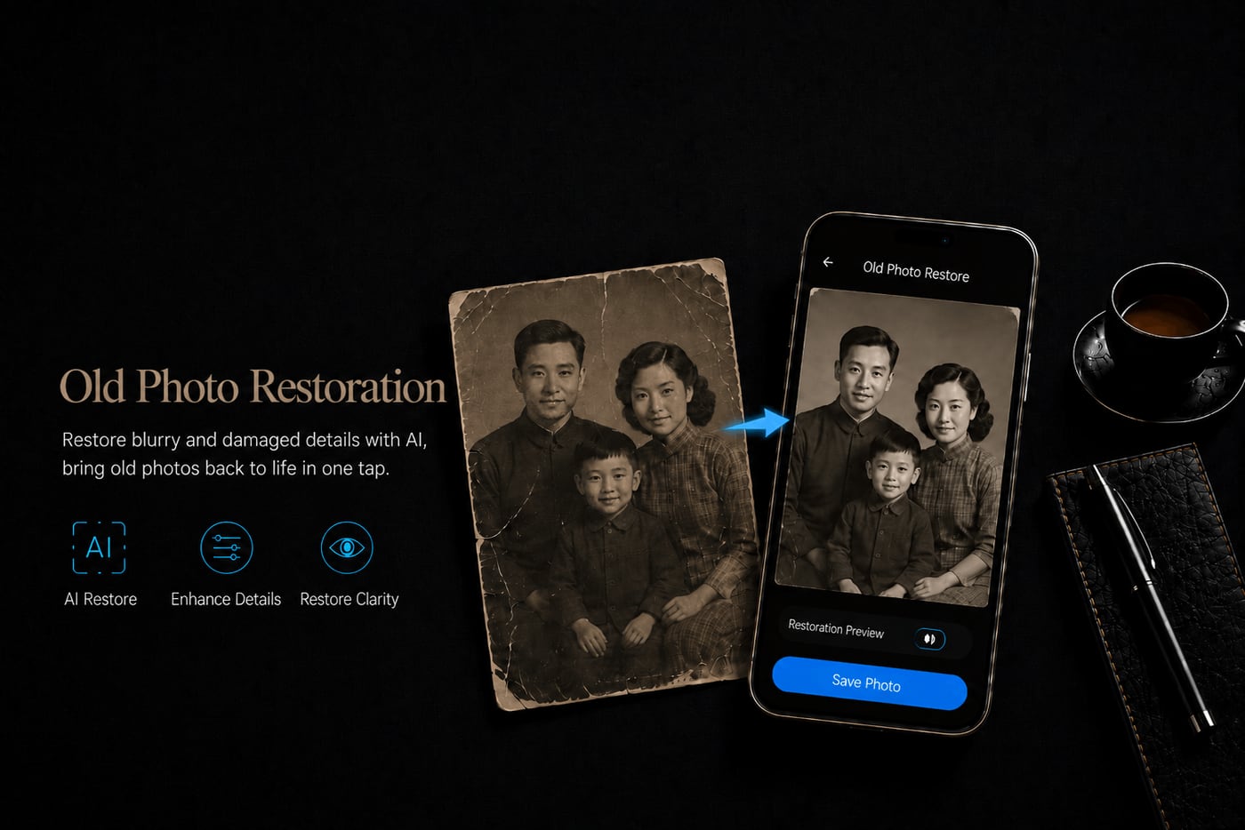 Qutu app restoring a creased and faded family portrait — damage removed and detail recovered