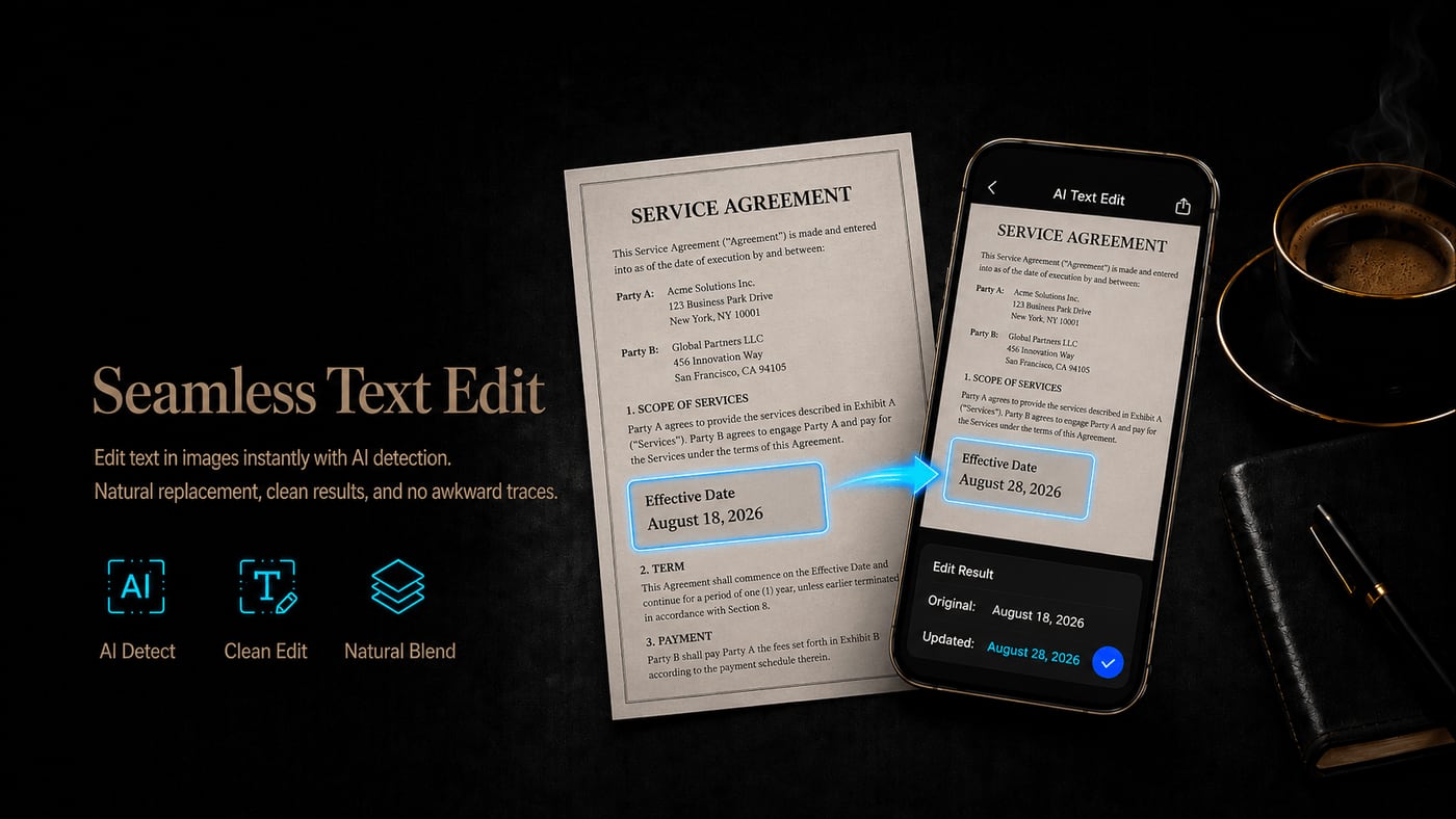 Qutu app editing the effective date on a printed service agreement — the AI replaces the text in place with matching font